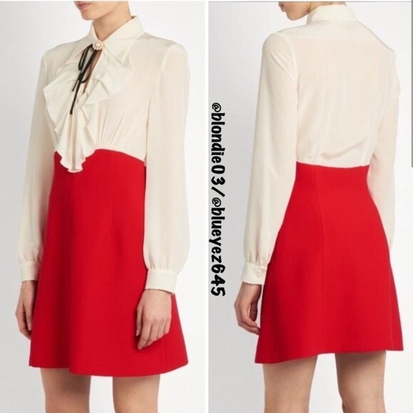 Miu Miu Ruffed Silk Crepe De Chine red ruffle Colorblock Dress IT44/US8 - Picture 3 of 7